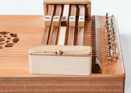 Kleine Autoharp: Detailaufnahme Zarge aus Nussbaum, Akkordbalken